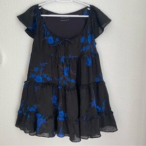 Urban Outfitters Bea Black and Blue Floral Mini Dress Size XS Babydoll